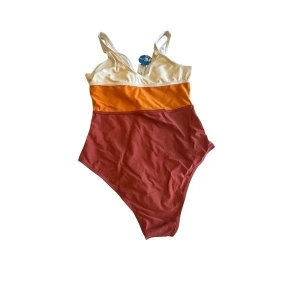 Clip She One Piece Swimsuit Color Block High‎ Cut Leg Plunge Bathing Suit Brown Size L - Image 5