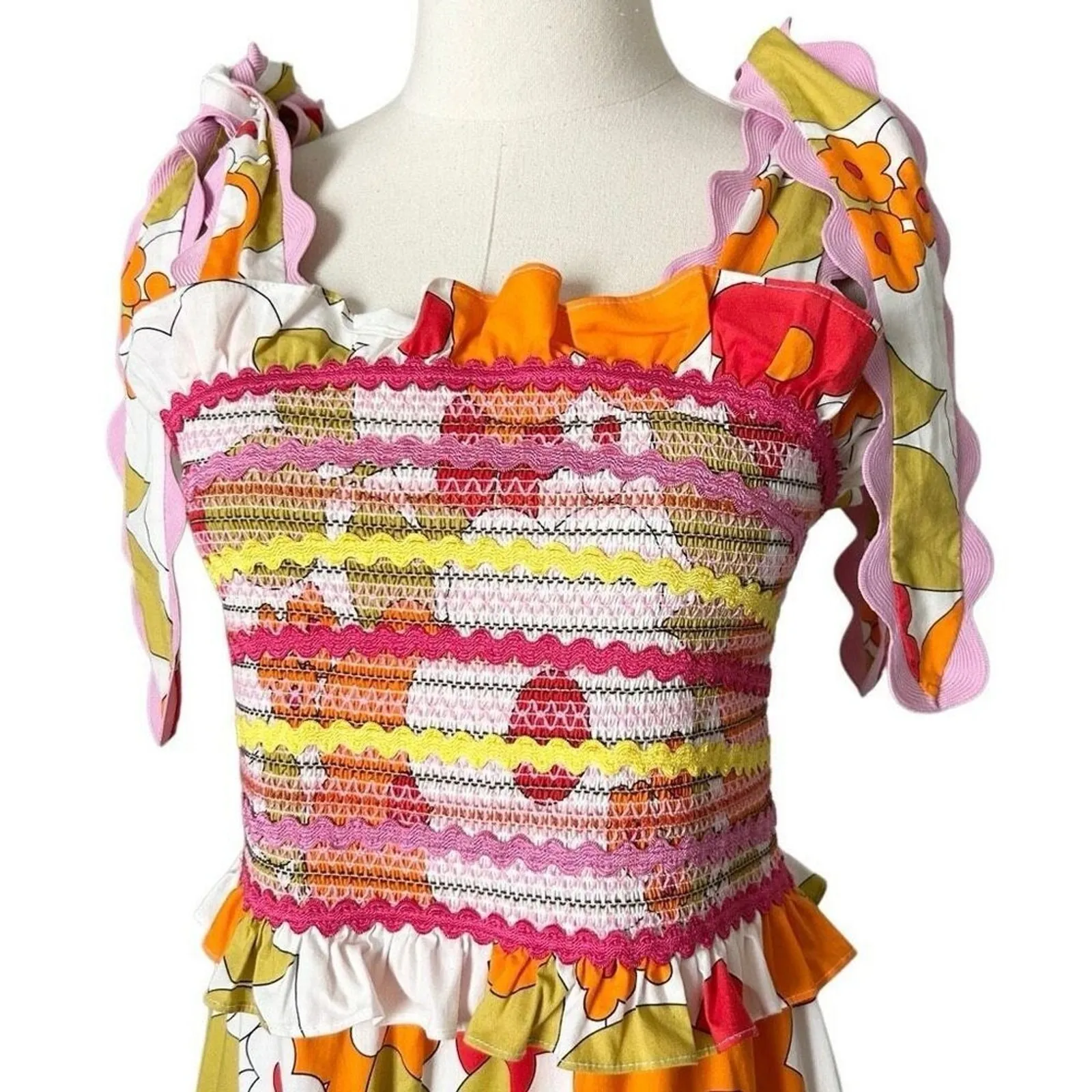 CeliaB Colorful Floral Sunstone Smocked Midi Dress Tie Shoulders Size Large Orange - Image 3