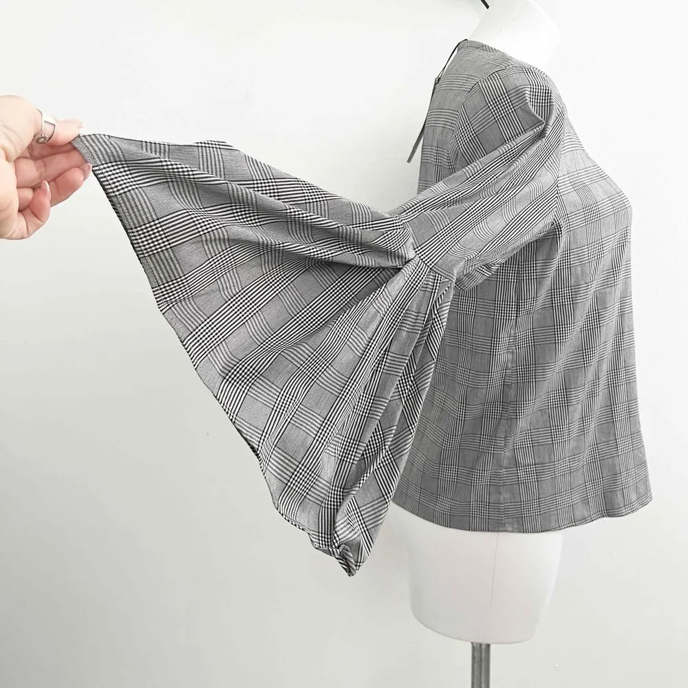 Zara Bell Sleeves Plaid Blouse top Small NWT black white Woman - Image 9