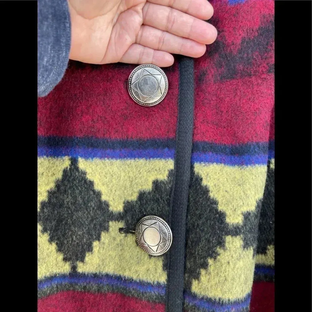 LADY SUZETTE Vintage Wool Dartmouth Fabric Southwestern Native Jacket Coat XL Blue - Image 4