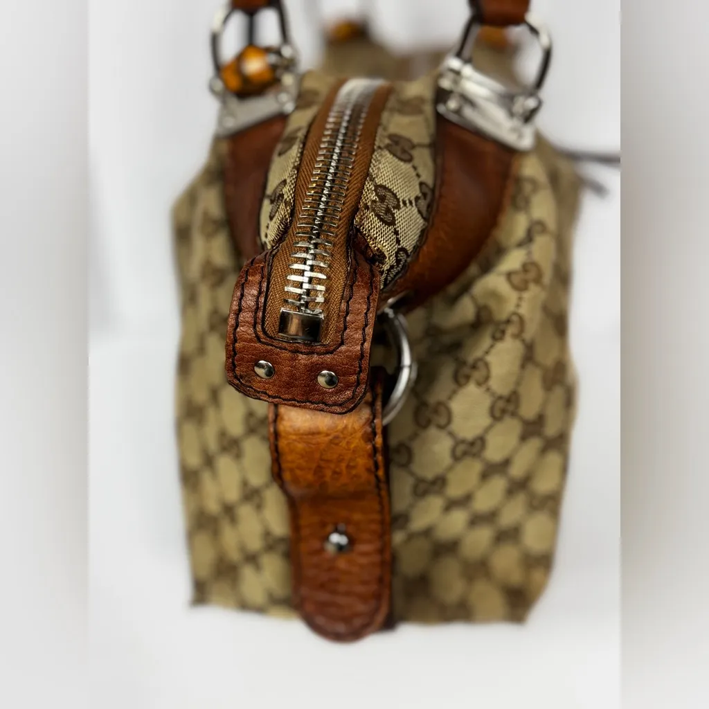 Gucci Tan and Brown Monogram Silver Hardware Shoulder Bag - Image 6