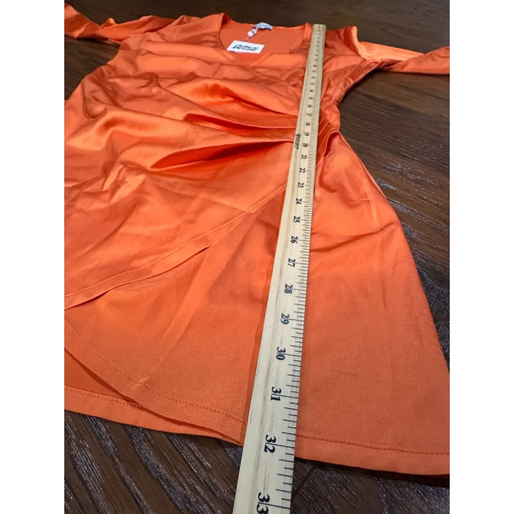 NEW PUBLIC DESIRE Vibrant Orange Satin Wrap Party Chic Dress Ruched Long Sleeves Size 4 - Image 12