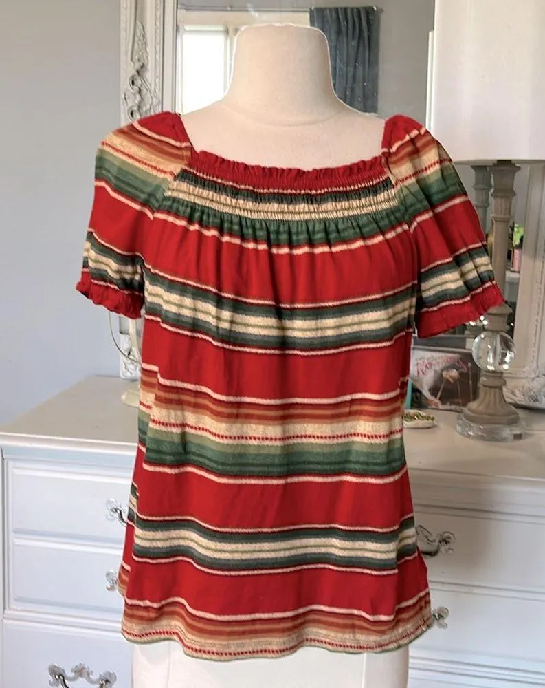 Chaps Top Cotton Shirt Womens Medium Red Green Beige Earthy Flowy - Image 2