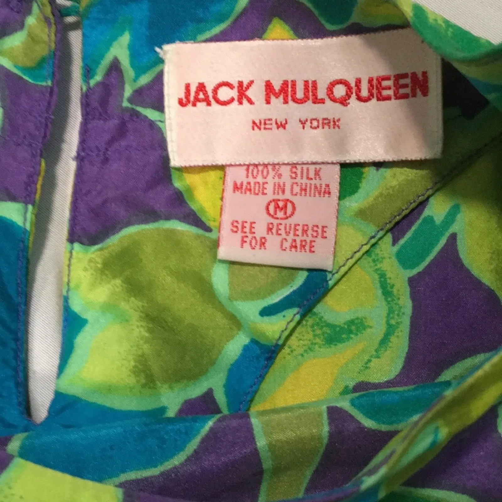 Vintage Jack Mulqueen Silk purple, green, and blue Floral Shirt size Medium Green - Image 3