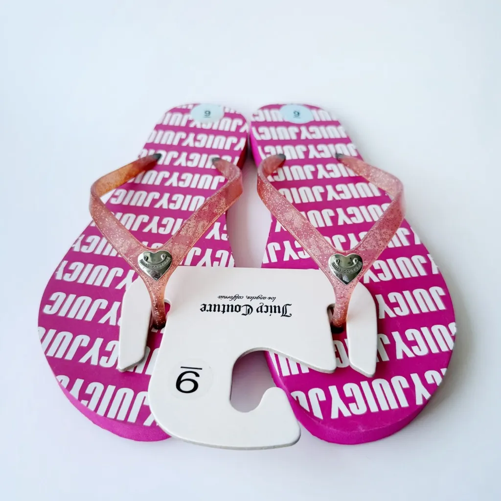 Juicy By Juicy Couture Flip Flops Womens Size 9 Sandals Shoes Pink Glitter Heart - Image 3