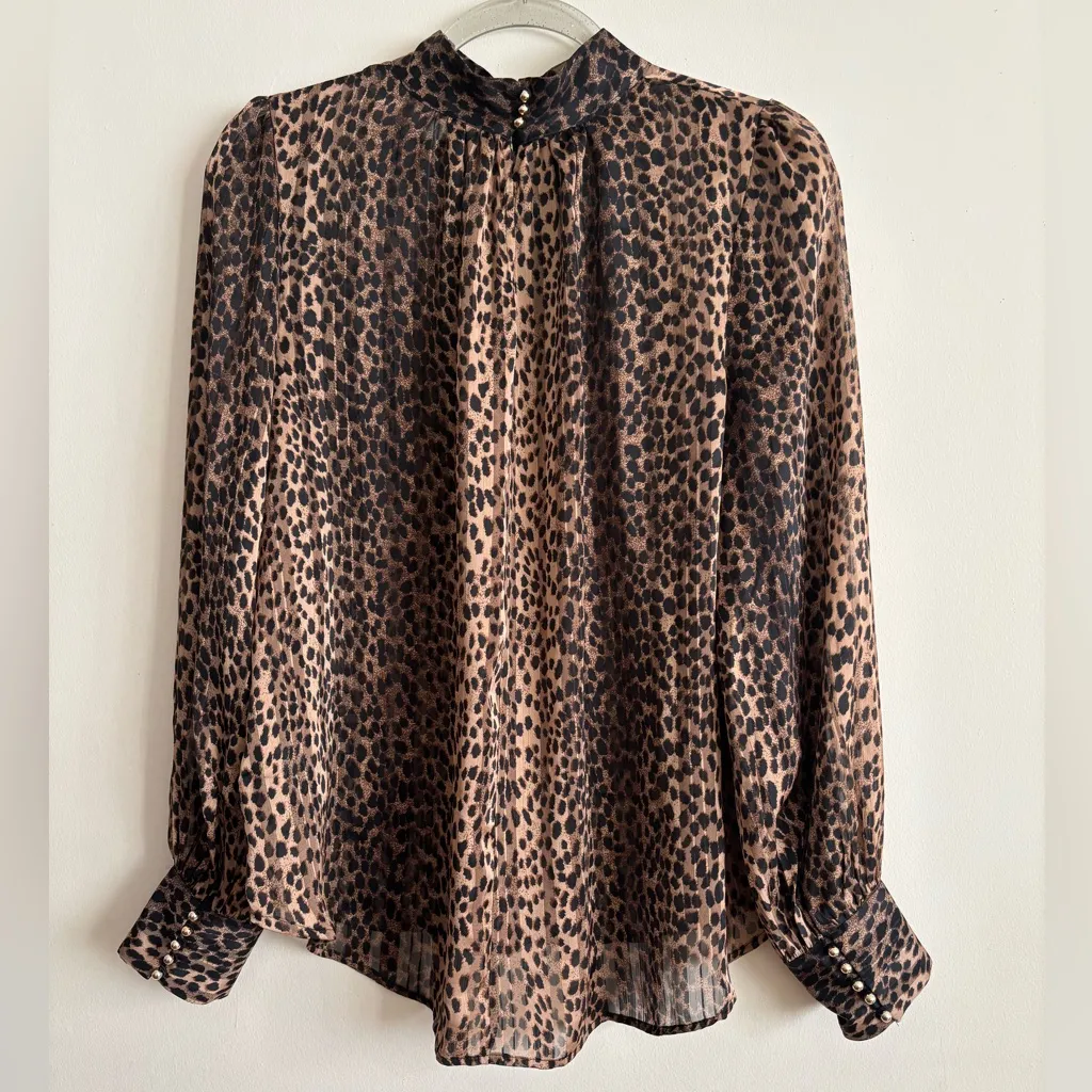 H&M Light Beige Dark Brown Animal Print Sheer Long Sleeves Blouse Size 10 - Image 3