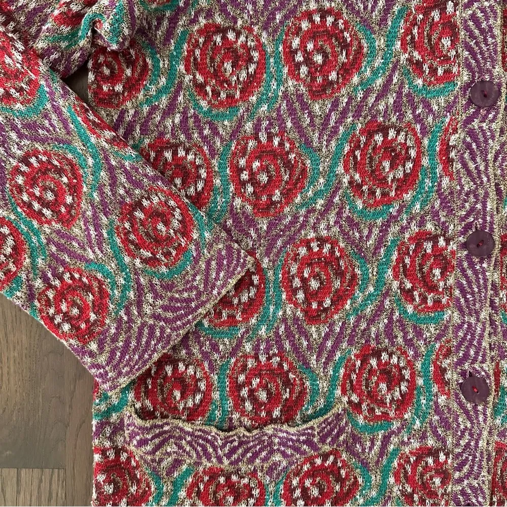 Vintage Missoni Sport Rose Print V-Neck Knit Cardigan Red, Beige, Purple Medium - Image 5
