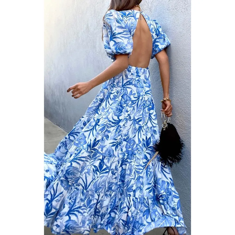 NWOT Seven Wonders Kiah Blue Floral Tiered Cutout Backless Maxi Dress Size Small - Image 2