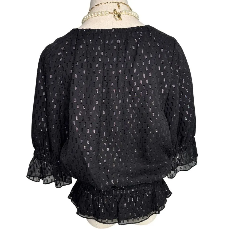 Halston Heritage metallic silk romantic ruffle poets blouse black size 2 - Image 4