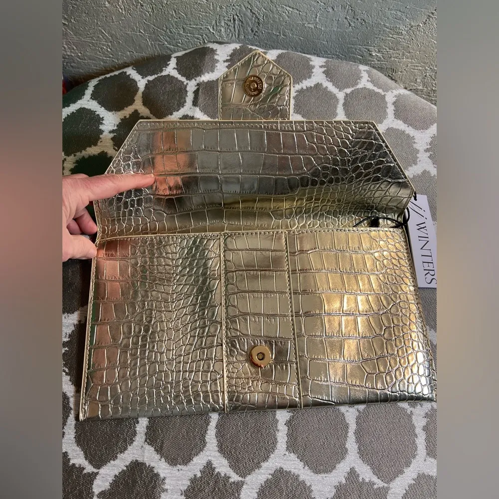 JJ Winters Gold Textured Croc Embossed Vegan Clutch - Image 4