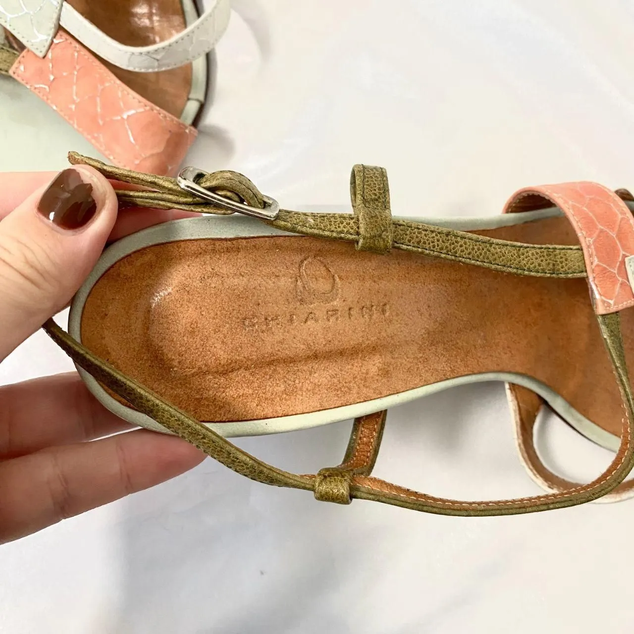 Gianni Chiarini Early 2000's Strappy Brown Pink Green Boho Leather Kitten Heels Size 6.5 - Image 5