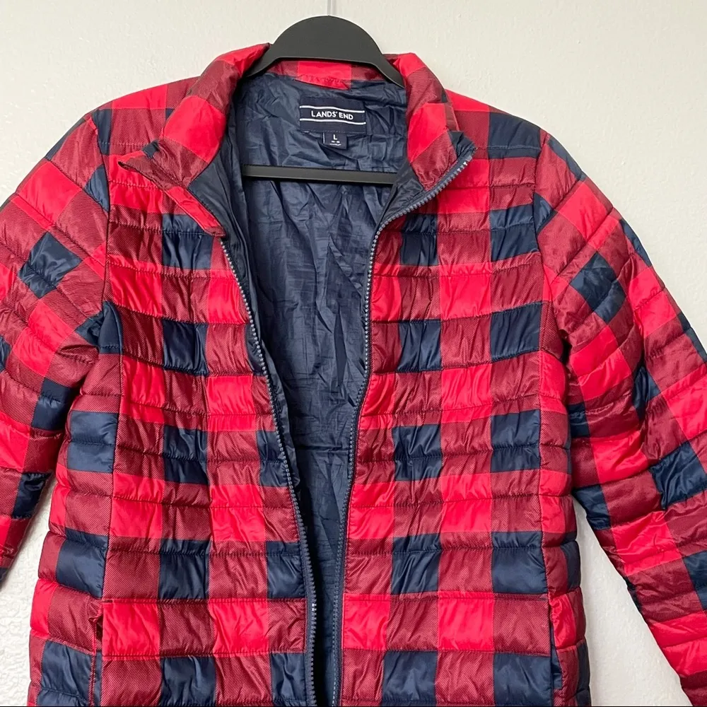 Land's End Packable Red/Blue Buffalo Plaid Checked Puffer Coat/Jacket Size Large - Image 4