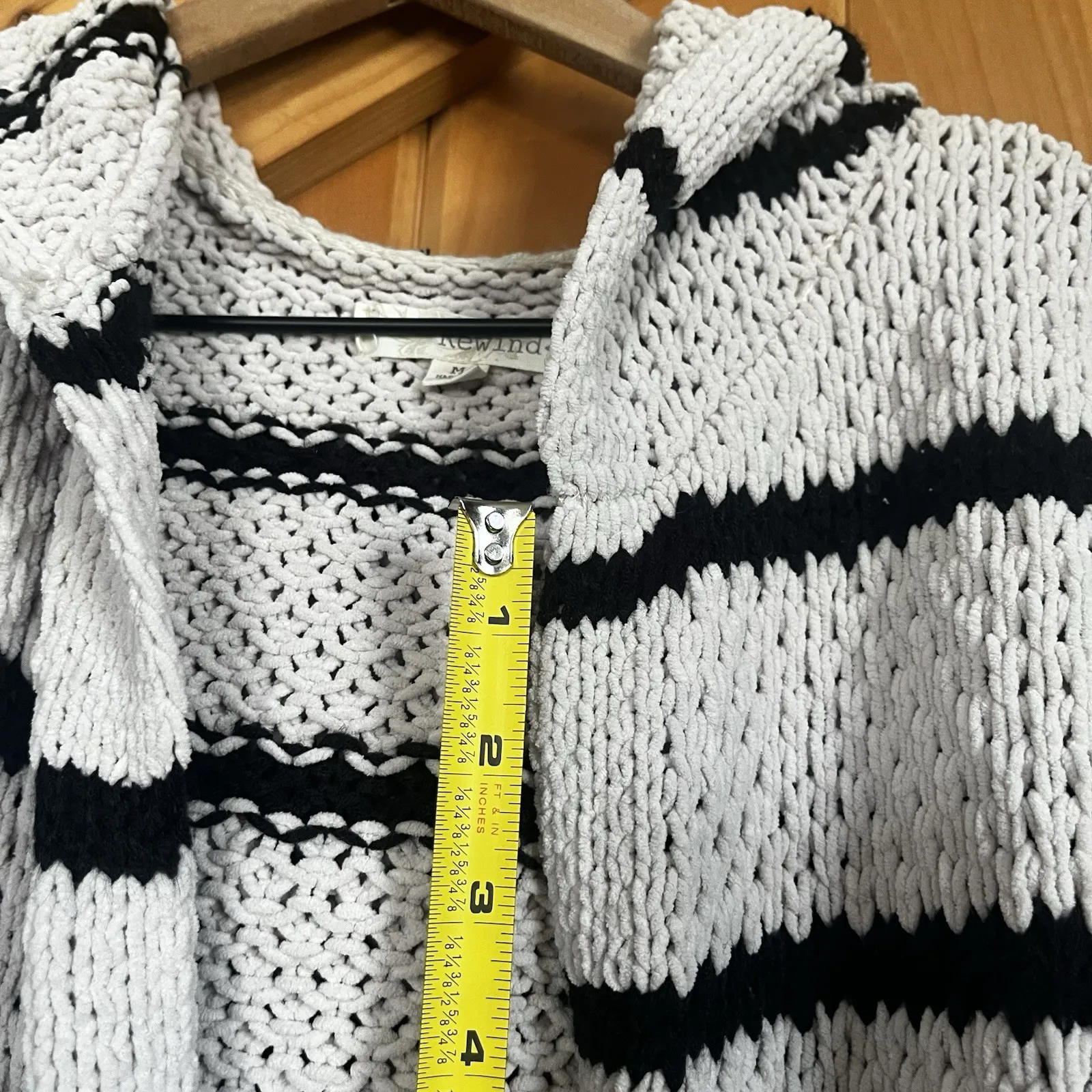 Rewind Woman's Medium Knit Cardigan Hooded Long Sleeve Cream Beige Black Stripes - Image 13