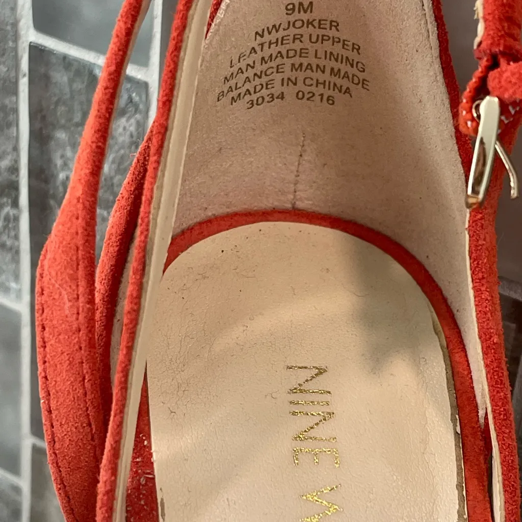 Nine West Orange Coral Leather Suede Cork Wedge Ankle Strap Size 9 - Image 6