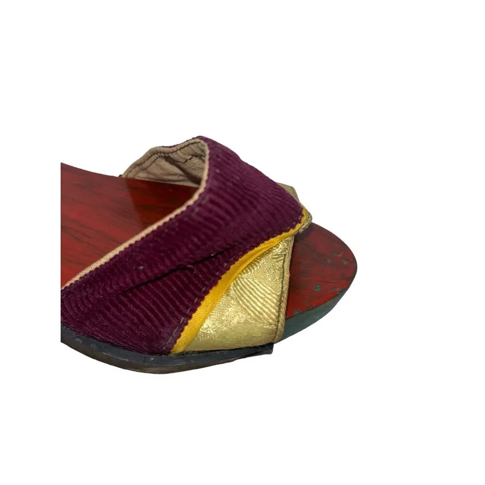 Vintage Asian Wooden Platform Sandals With Purple & Gold Fabric Accents 90k Size 10 - Image 4