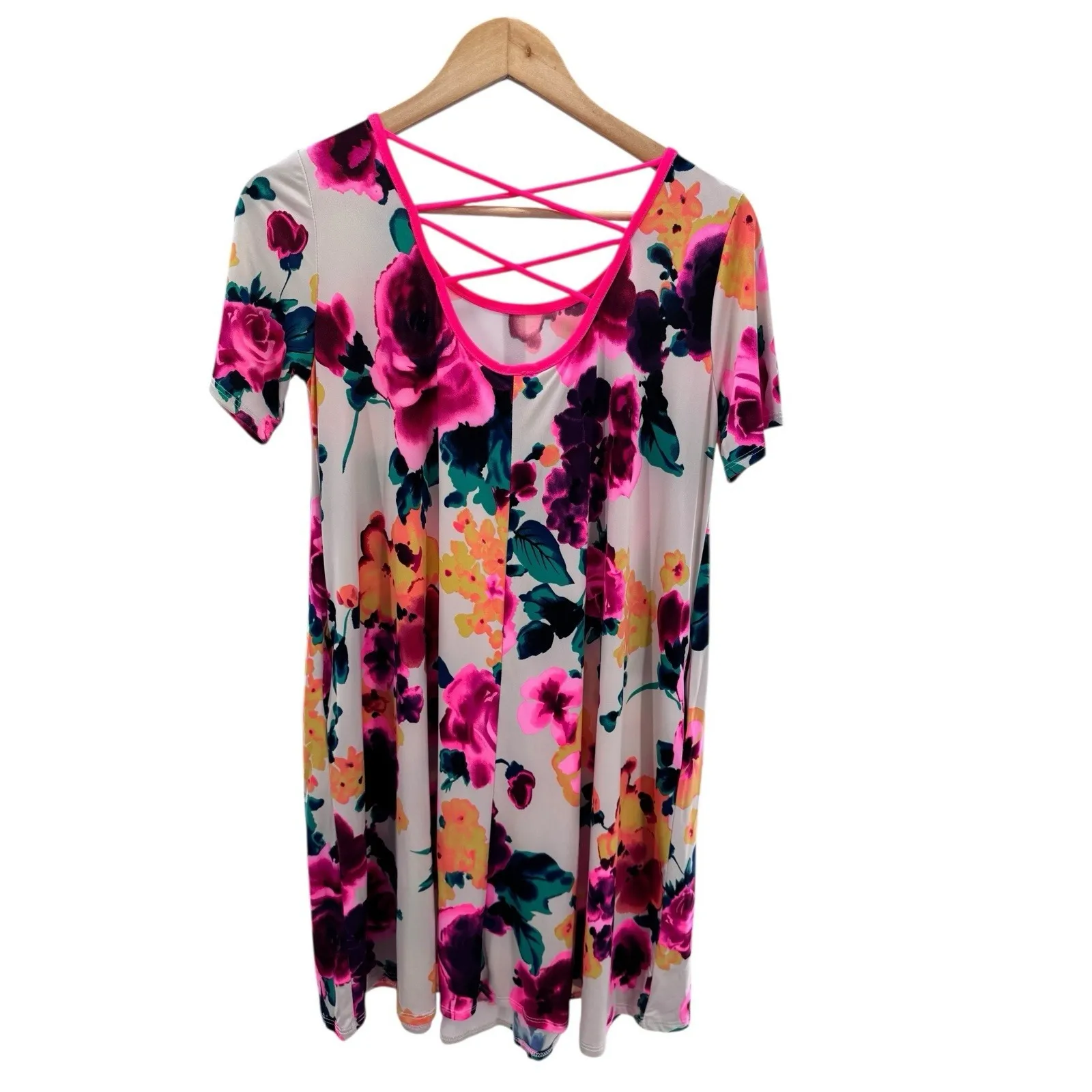 Hemish USA Floral Print Knit Dress Small Travel Stretch Short Sleeve‎ Crisscross - Image 5