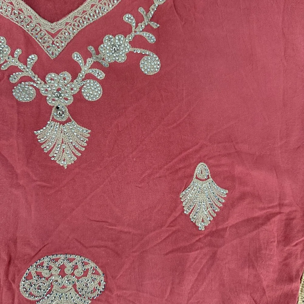 Pink Embroidered Cotton Tunic Dress Boho Kurti Midi Sequin 3/4 Sleeve Large - Image 9