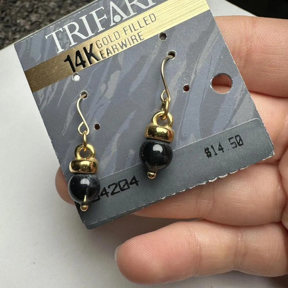 Gold Tone Dark Blue Stone Bead Dangle Drop Pierced Earrings - Image 6