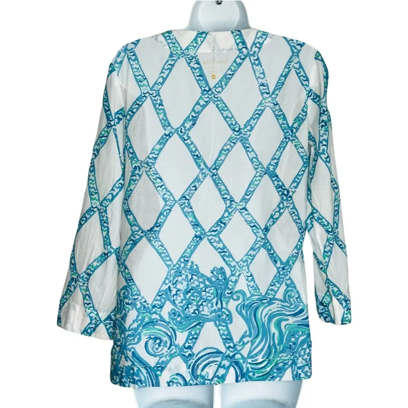 Lilly Pulitzer White Turquoise Amelia Island Tunic Turtle Cove Lattice Sheer XS - Image 5