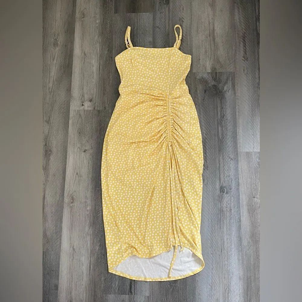 Hollister Midi Dress Cinched Yellow White Floral Adjustable Small Stretch - Image 3