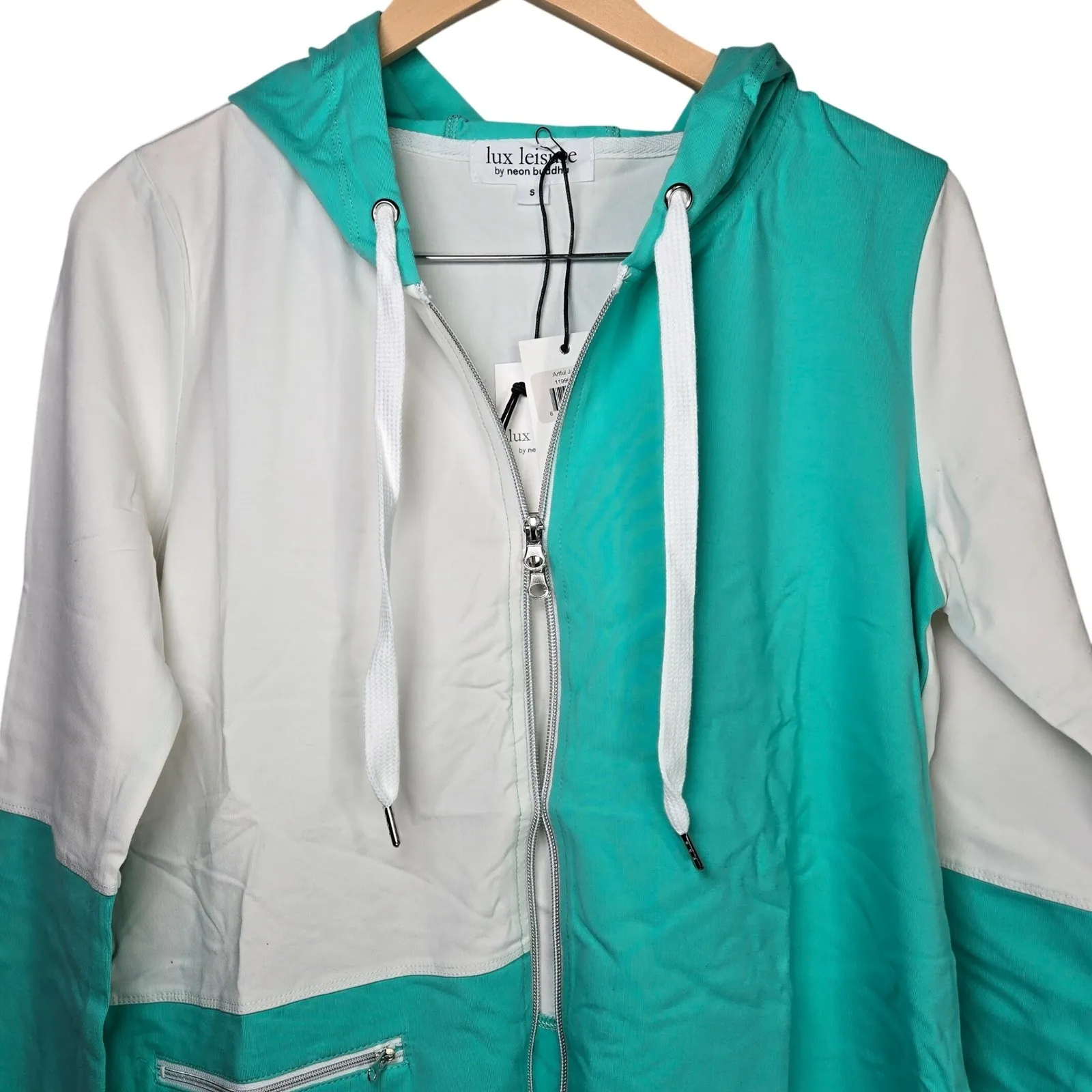 Lux Leisure Neon Buddha Artful Jacket Teal White Color Block Zip Front Hoodie S - Image 7