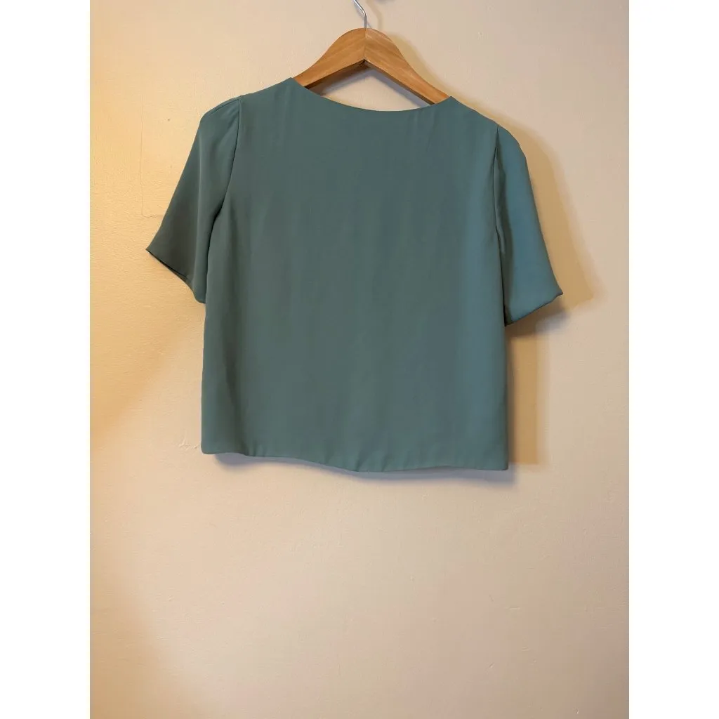 Aritzia Babaton XS Teal V-Neck Short Sleeve Randy Blouse Sage Green - Image 3