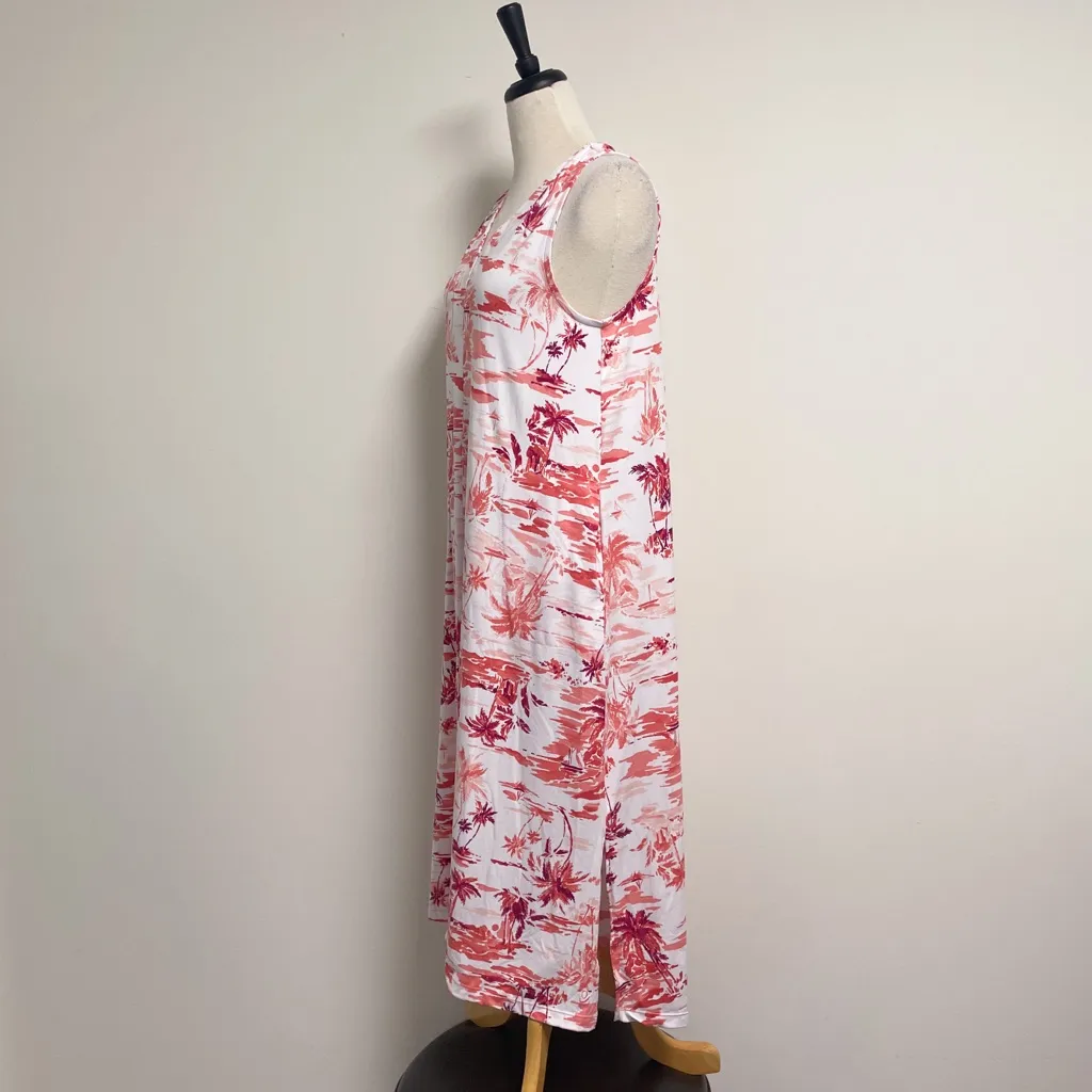 Cuddl Duds White Coral Beach Scape V Neck Sleeveless Midi Dress Large Palm Trees - Image 4