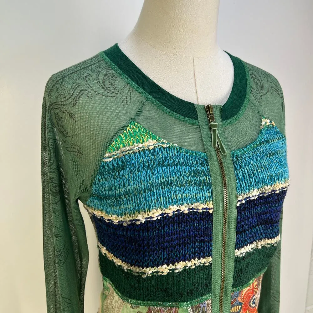 Kaktus Mixed Fabric Zip Front Sweater Green Size M - Image 2