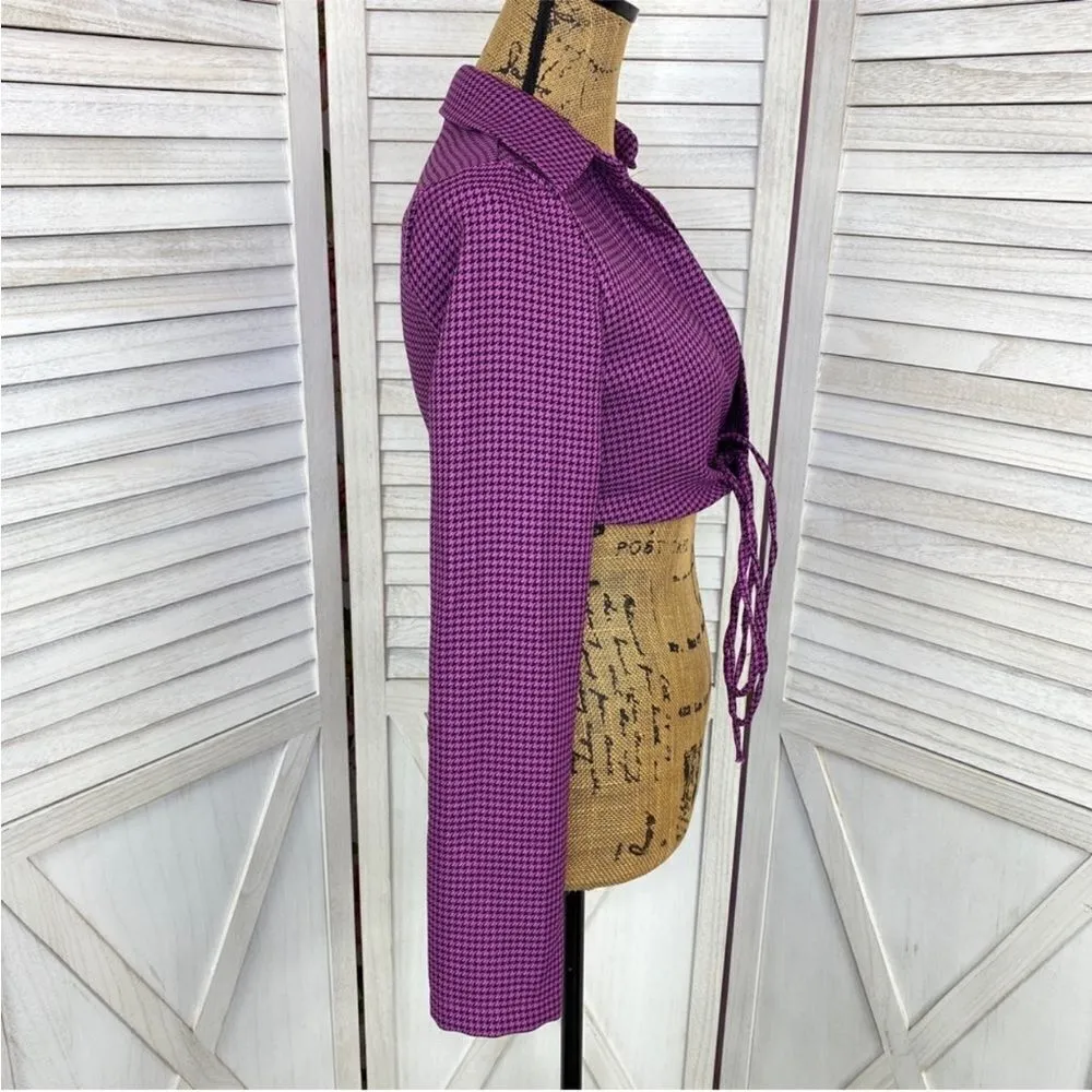 Zara Houndstooth Cropped Polo Top Purple Black Small Long Sleeve‎ Deep V-neck - Image 5
