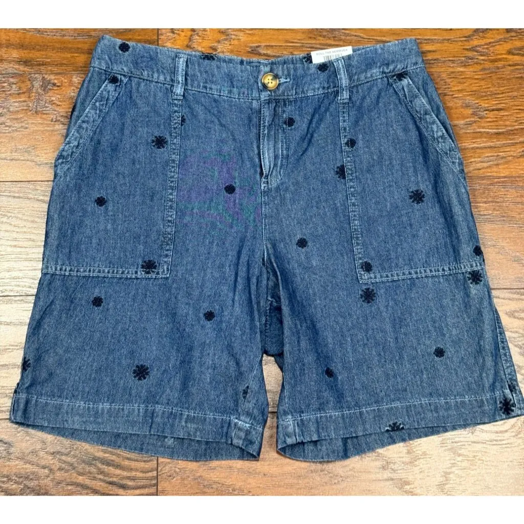 NEW Style & Co Womens 10P Blue Denim Bermuda Shorts Black Embroidered Floral - Image 2