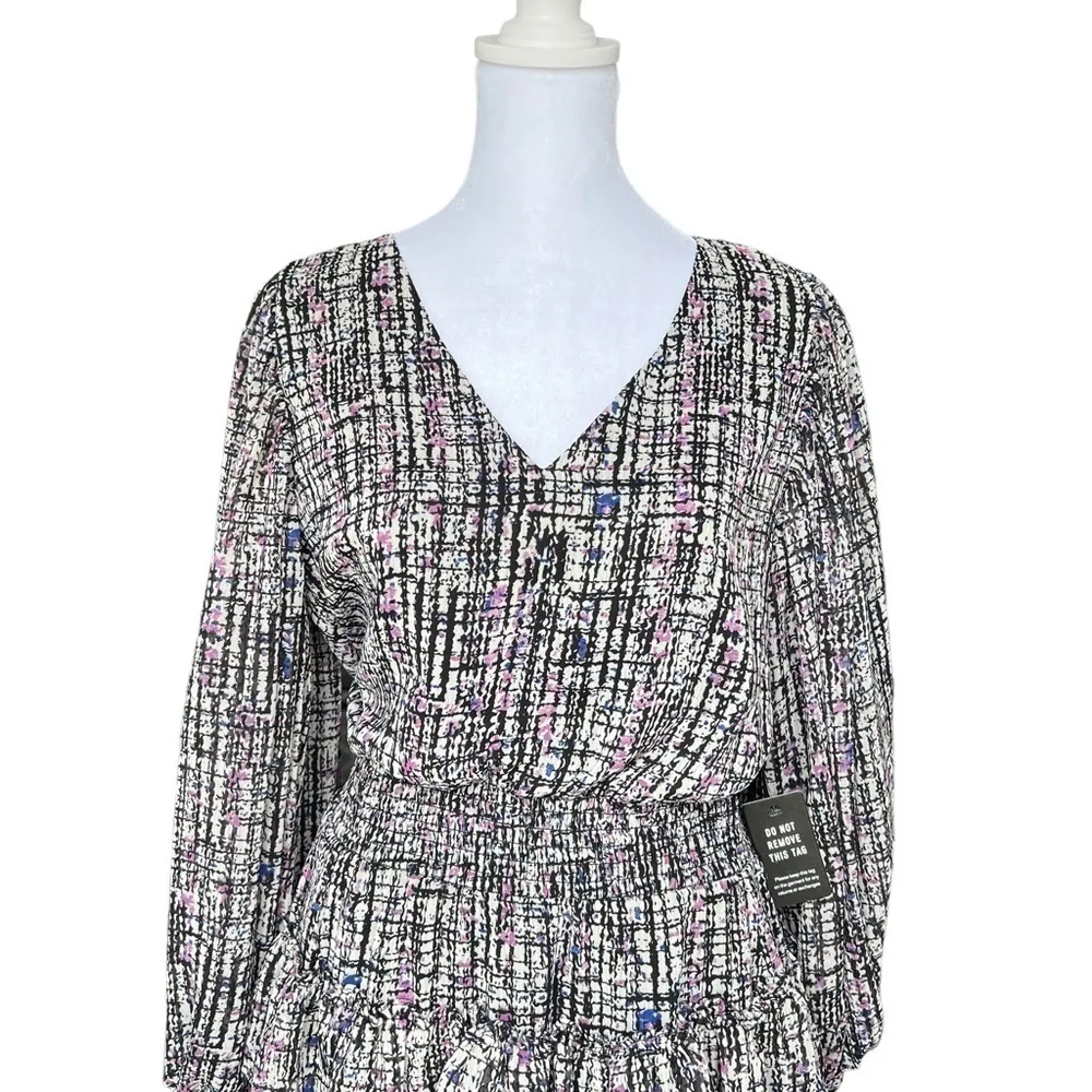 Express - NWT Abstract Print V- Neck Long Sleeve Tiered Skirt Mini Dress Sz S - Image 4