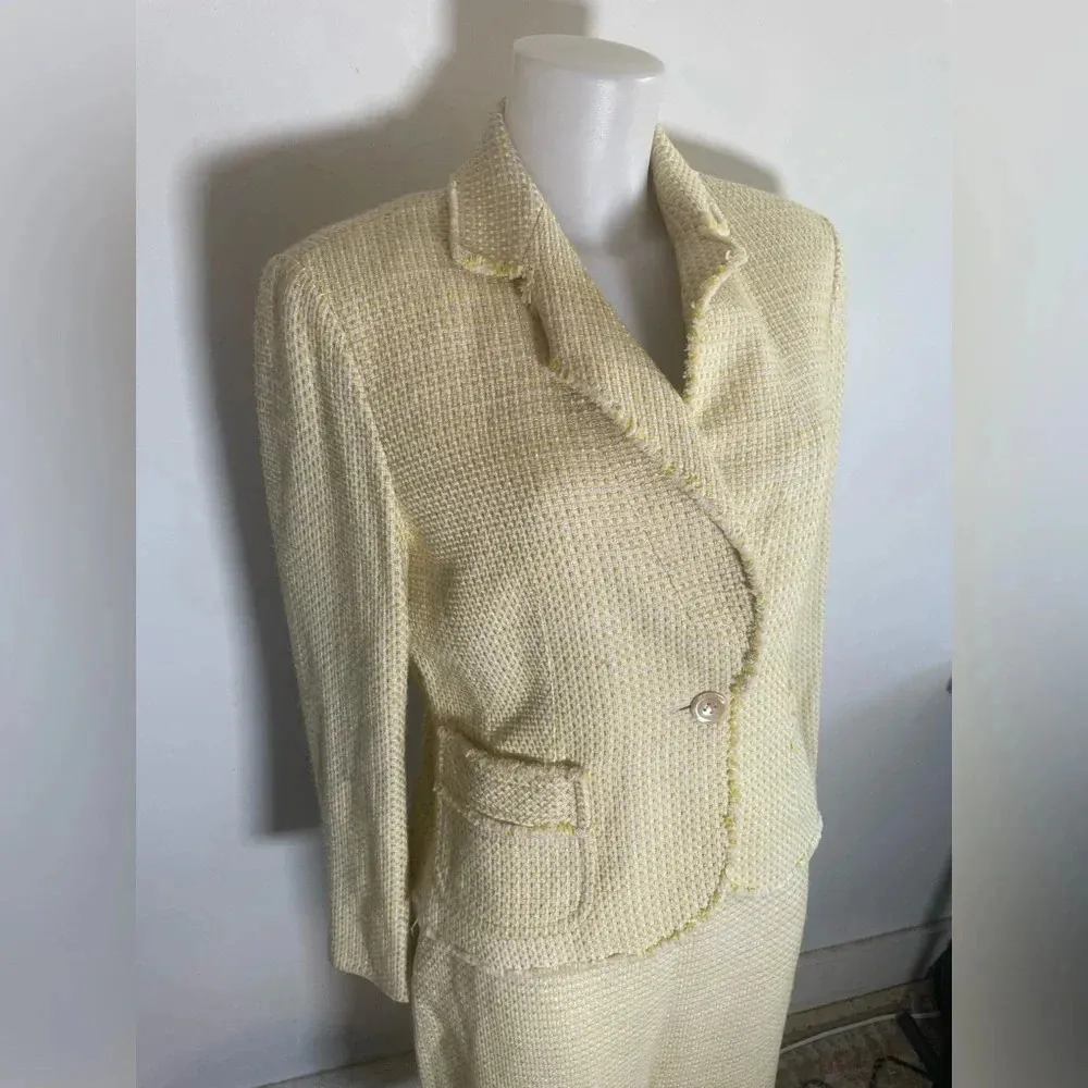 Vintage Yellow Ann Taylor Tweed Blazer High Waist Skirt‎ Suit Size 12 Petite - Image 2