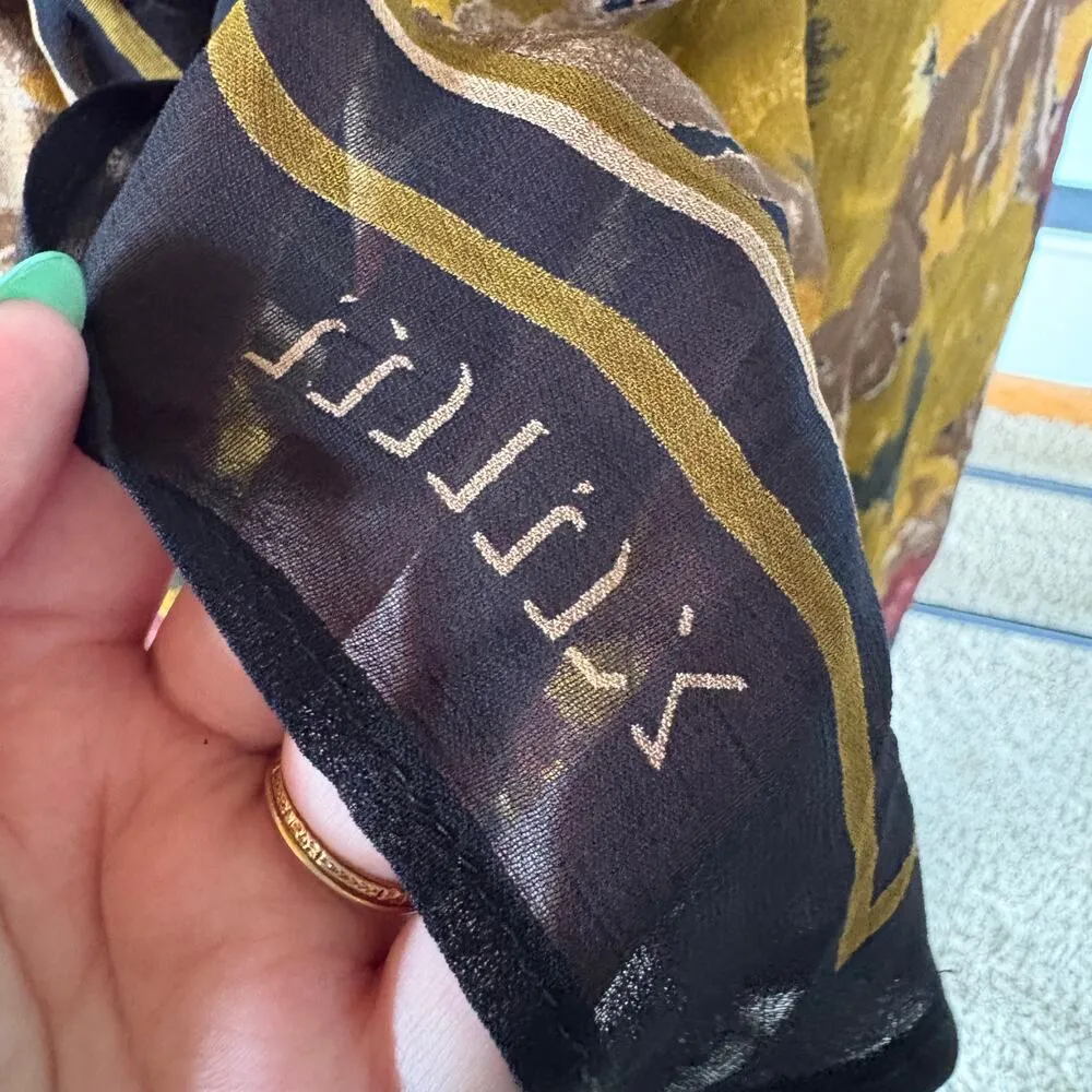 Vintage Minx Mustard Jewel Tone Silky Scarf Elegant Abstract Formal Wrap Yellow - Image 8