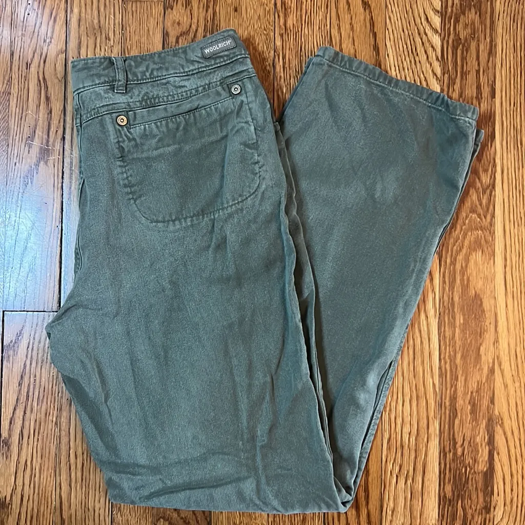 Woolrich Bamboo Olive Green Jean Pant Casual Stretch Cropped Ankle high rise - Image 3