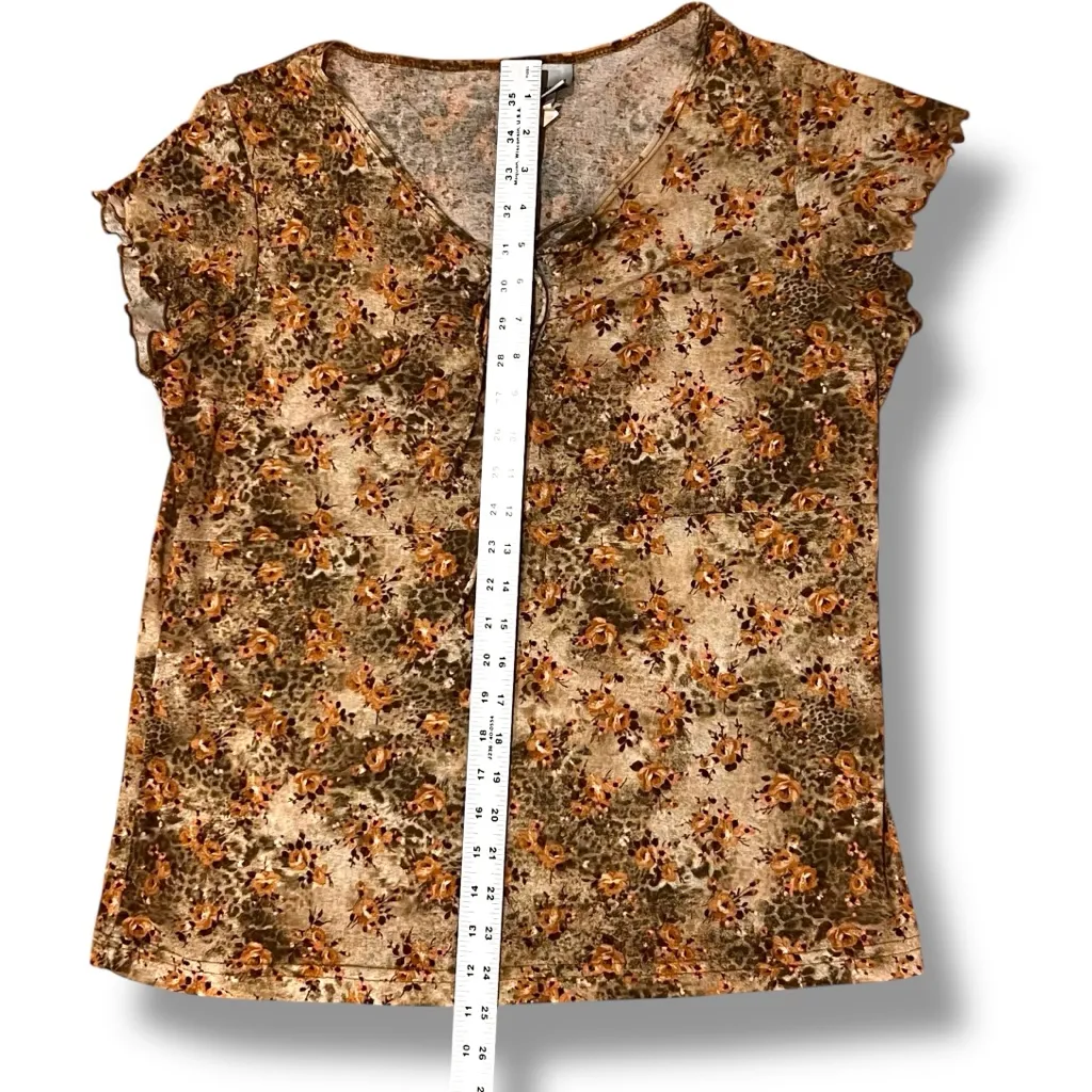 Vtg Y2k Autumn Floral Orange Green Brown Hippie Flare Cap Sleeve Top Keyhole L - Image 7