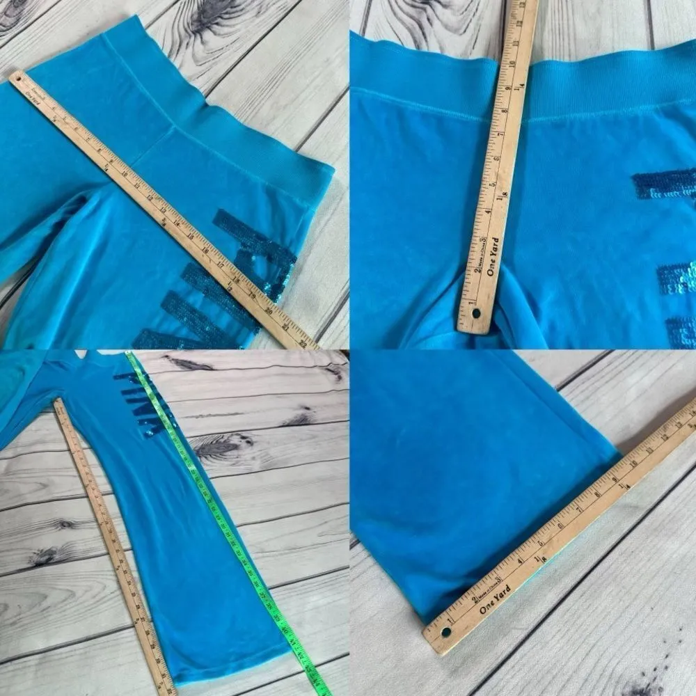 Y2K PINK VS Large Blue Velour Flare Blue Bling Track Sweatpants Plush 2000’s VTG - Image 3