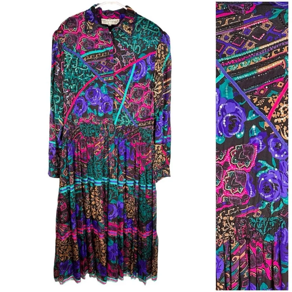 Vintage Judith Ann Creations 100% Silk Floral Patterns Embellished Maxi Dress M Purple Size M - Image 15