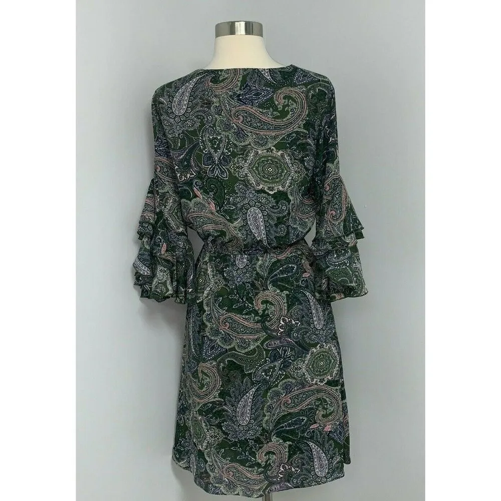 C Est 1946 Womens Gypsy Dress Size XS Olive Green Paisley 3/4 Bell Sleeve Boho - Image 4