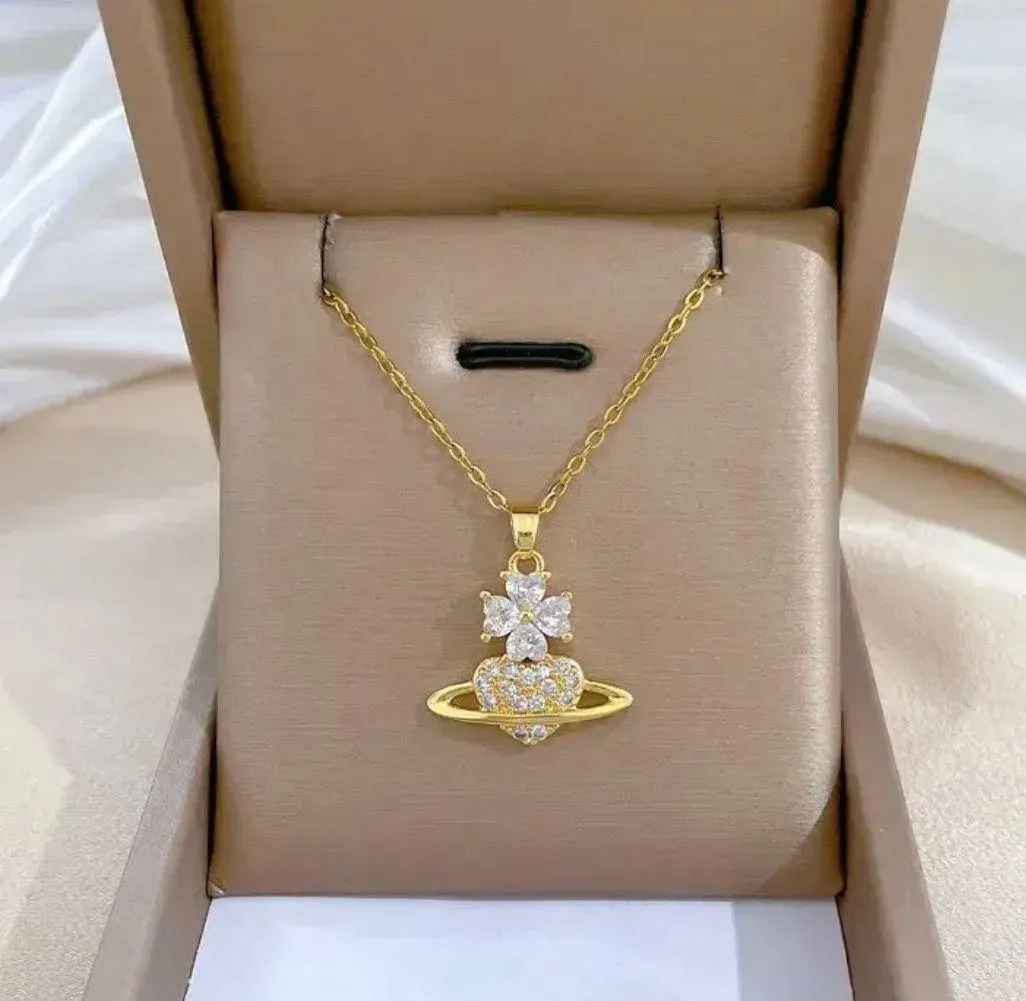 18K Gold Plated Flower Planet Light Luxury Temperament Gorgeous Full Diamond Necklace Multi - Image 5