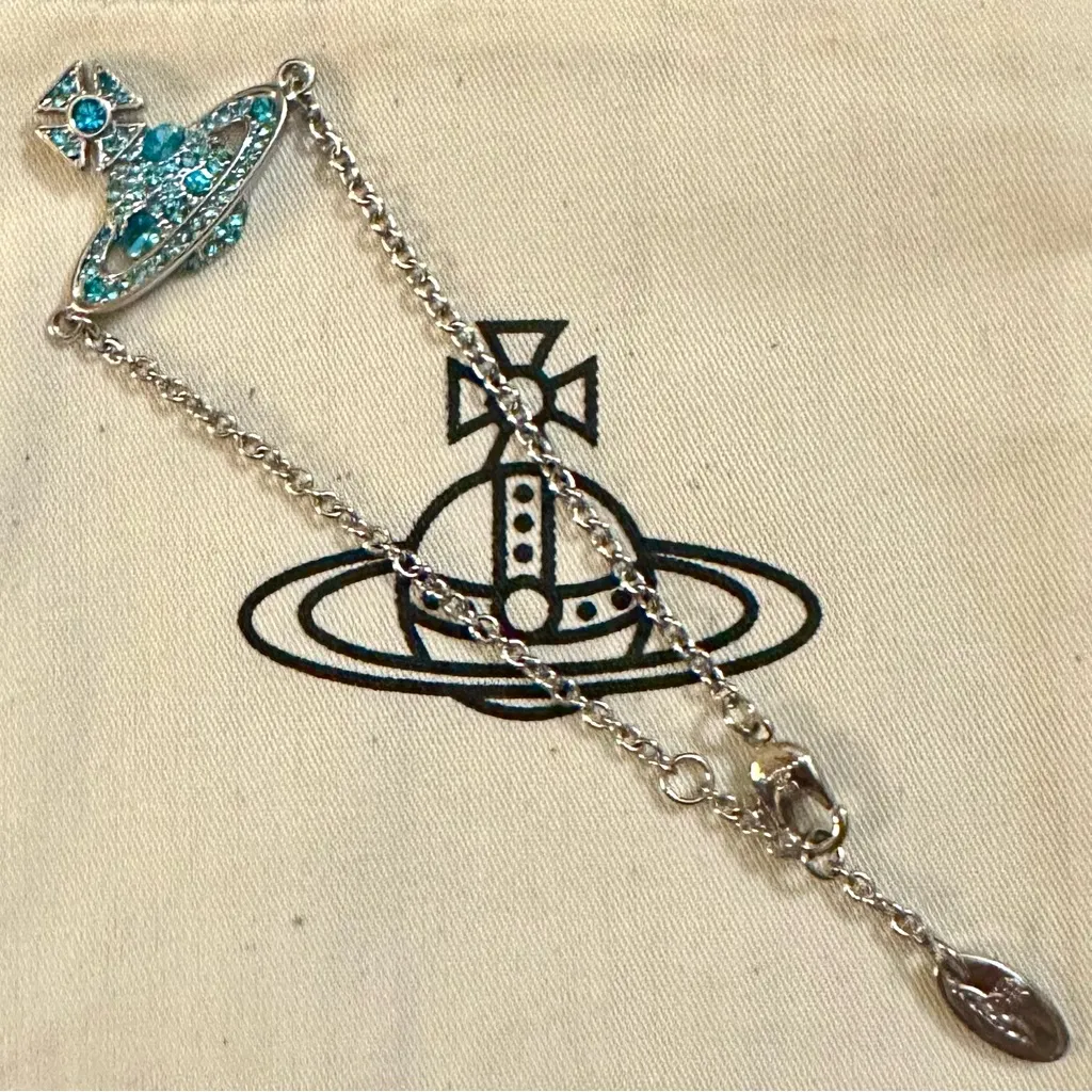 New Vivienne Westwood Mini Bas Relief Silver Chain Bracelet with blue crystals - Image 3