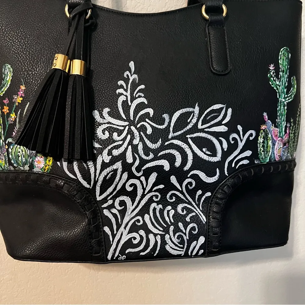 Custom Painted Cactus and Swirl Black Vegan Leather Shoulder Bag - Image 3