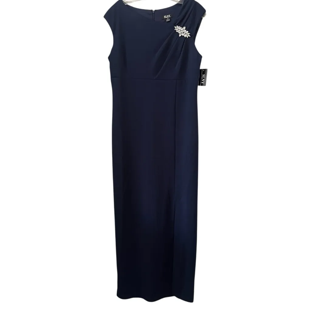 NEW SLNY dress navy blue Long Maxi Crystal Embellishment Front Slit Formal Sz 10 - Image 2