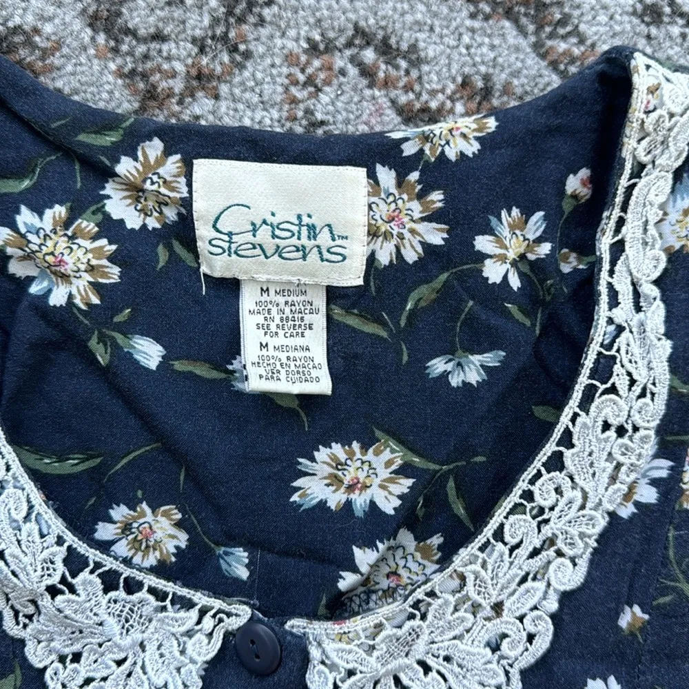 Vintage Cristin Stevens Floral Button Down Dress Navy Medium Blue - Image 4