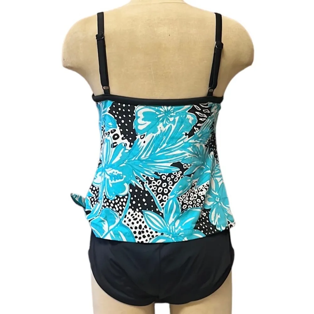 Vintage Maxine of Hollywood Swimsuit One Piece Blue Black Floral 12 - Image 2