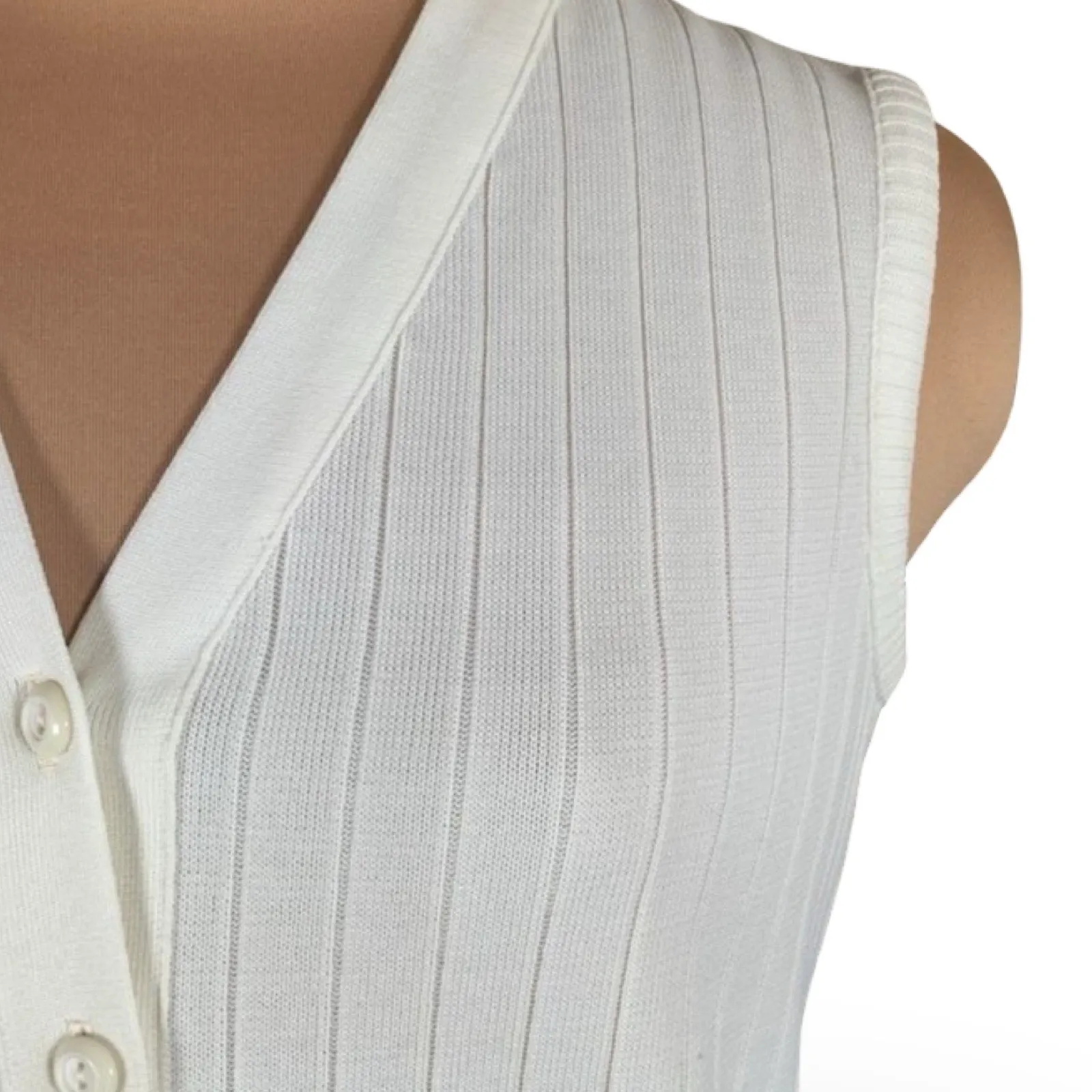 Vintage 70s Dalton Off White Knit Button Sweater Vest Sleeveless V Neck Pockets Size M - Image 3