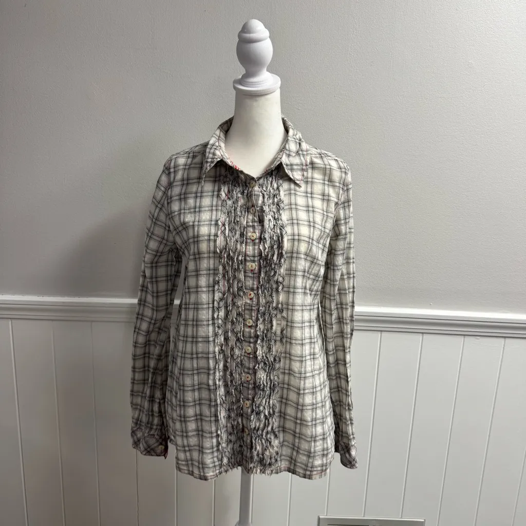 Johnny Was 3J Workshop Plaid Long Sleeve Button Up Ruffle Front Gray Small - Image 12