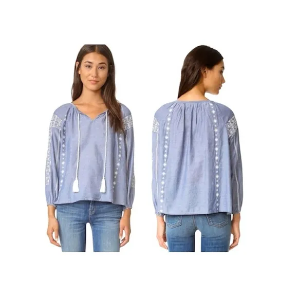 Roberta Roller Rabbit Maxima Embroidered Peasant Blouse Blue Chambray Size Small - Image 2