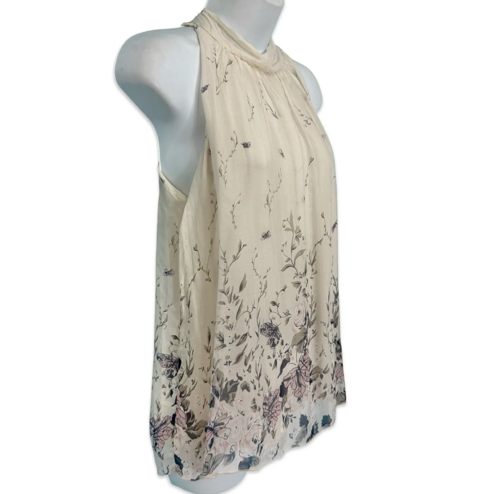 Via Signoria Cream Floral Purple Green Flowers Silk Sleeveless Halter Top size M Size M - Image 7