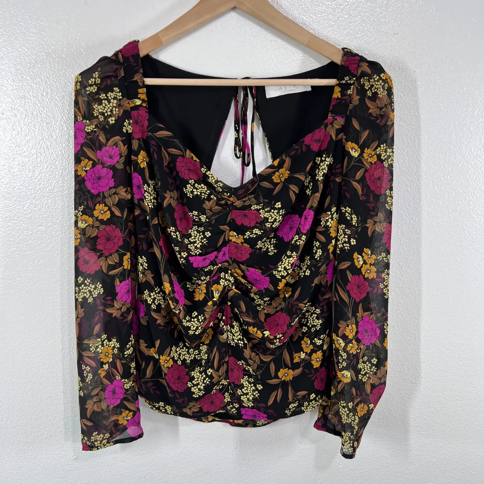 ASTR‎ The Label Floral Blouse XL Brown Pink Long Sleeve Open Back Top Boho Chic Black - Image 3