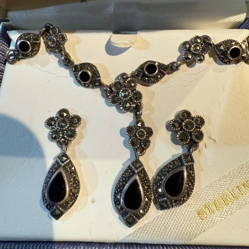 VTG ‎ Black Onyx Marquesite Art Deco Sterling Silver Necklace & Earring Set 925 - Image 4